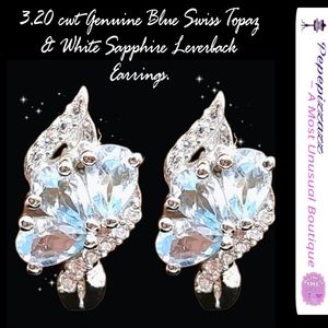 3.20cwt GENUINE BLUE SWISS TOPAZ w SAPPHIRES LEVERBACK EARRINGS 925 👀